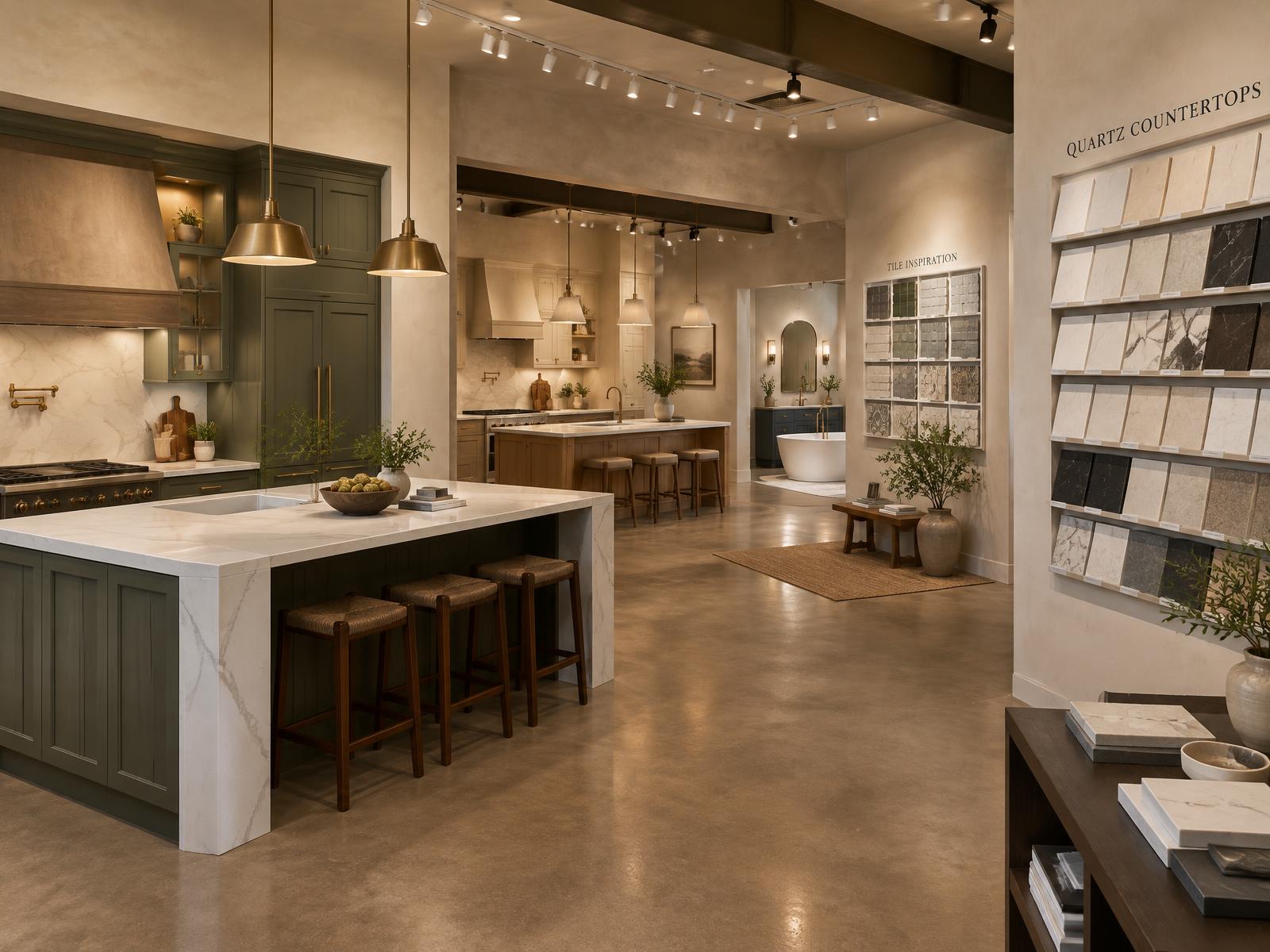 High Point showroom with full kitchen vignettes and quartz sample wall